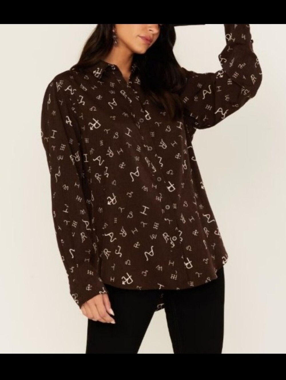 Ariat Brown Button-Down Shirt White Branding Print Homestyle MEDIUM